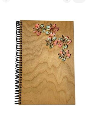 Hibiscus Floral Wooden Cover Spiral Sketchbook Unlined Notebook Journal, [NEW]